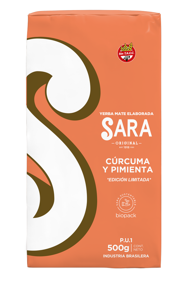 Yerba Mate Sara CURCUMA Y PIMIENTA 500G.